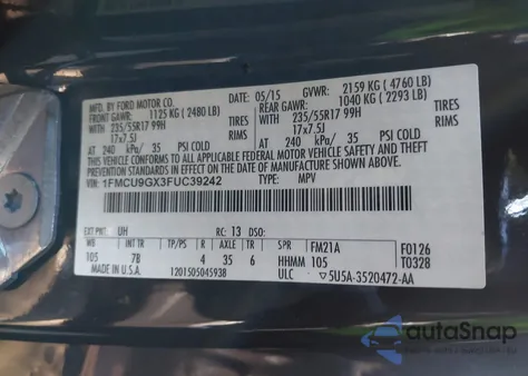 2015 Ford Escape Se из США, поврежденный, VIN 1FMCU9GX3FUC39242